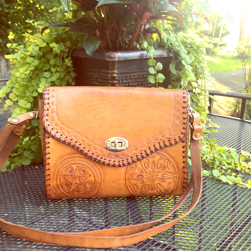 Hand Tooled Leather Brown Shoulder Bag